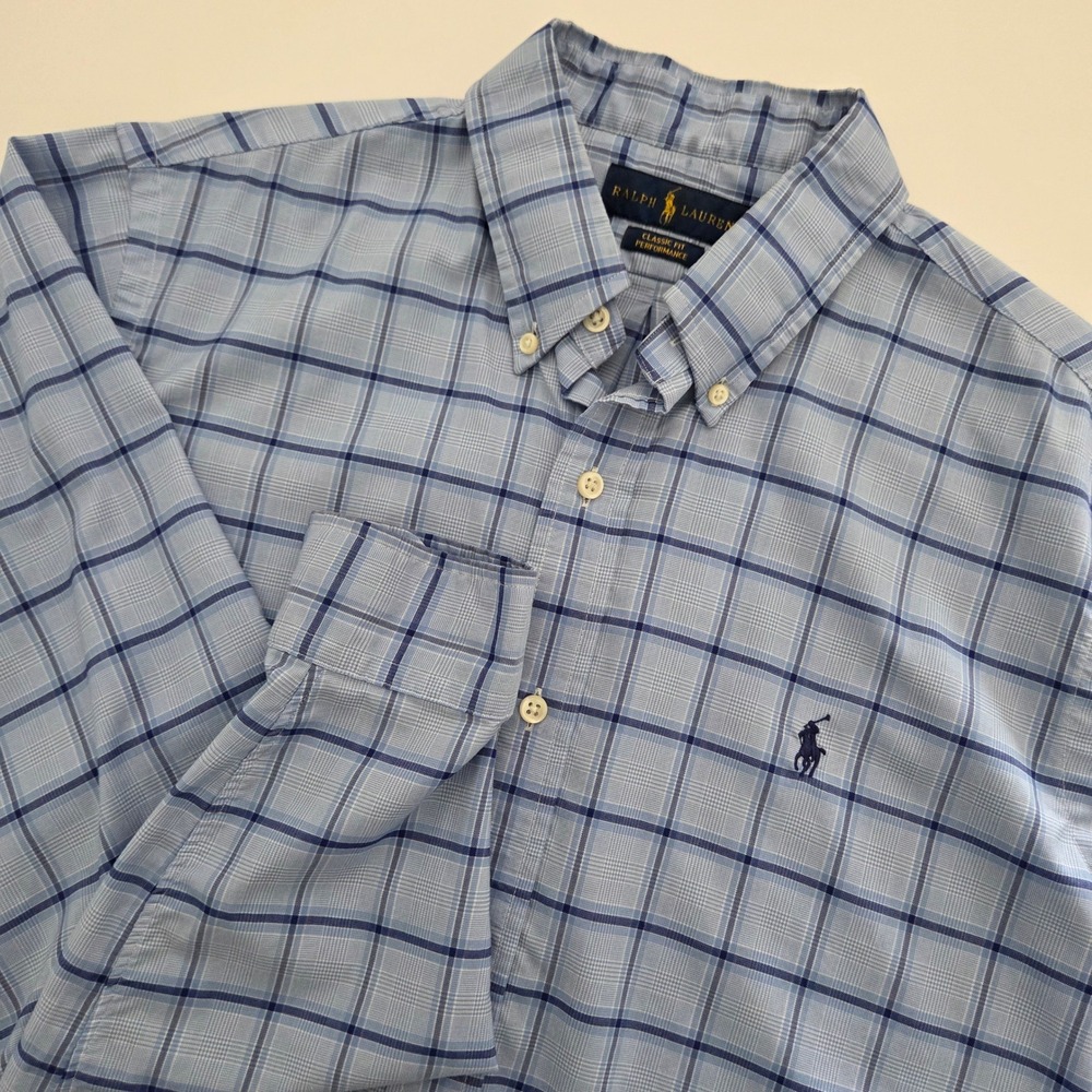 Ralph Lauren Button Down Light Blue Plaid Performance Classic Fit Mens Large